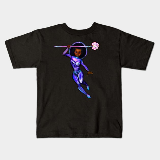 Black anime superhero girl from outer space with lights 3 ! beautiful  black girl with Afro hair, brown eyes, Cherry pink lips and dark brown skin. Hair love ! Kids T-Shirt by Artonmytee